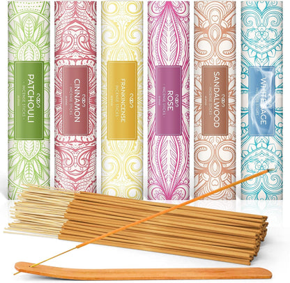 LA BELLEFÉE Räucherstäbchen Set 120 Sticks, 6 Boxen Mit 6 Düfte - Sandelholz, Patchouli, Rose, Weißer Salbei, Zimt, Mit 1 X Räucherstäbchenhalter