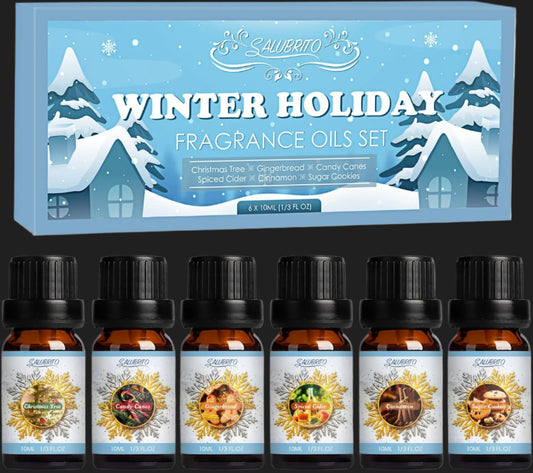 SALUBRITO Winter Ätherische Öle Set Für Diffuser, Naturrein Aromatherapie Duftöl Für Diffusor 6 X 10Ml – Zimt, Weihnachtsbaum, Lebkuchen, Zuckerstangen, Gewürzmost, Zuckerplätzchen